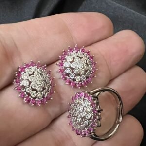 Round Zircon Earing & Ring Set Silver With Ruby Stone