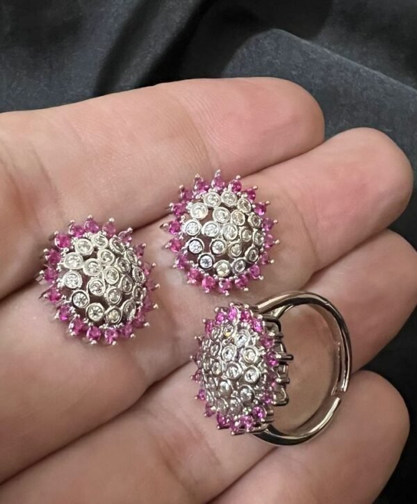 Round Zircon Earing & Ring Set Silver With Ruby Stone