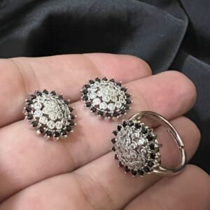 Round Zircon Earing & Ring Set Silver With Black Stone