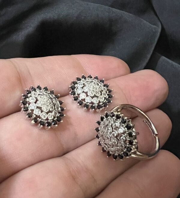 Round Zircon Earing & Ring Set Silver With Black Stone