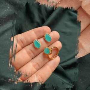 Oval Shaped Fine Cut Stone Earing & Ring in Aqua