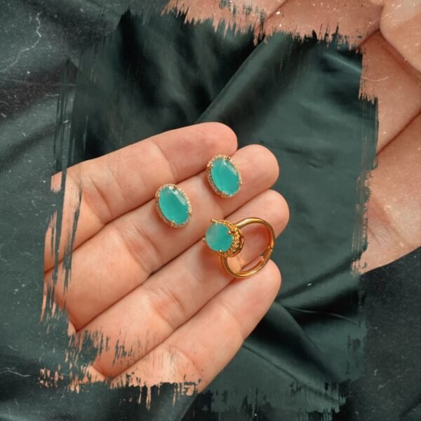 Oval Shaped Fine Cut Stone Earing & Ring in Aqua