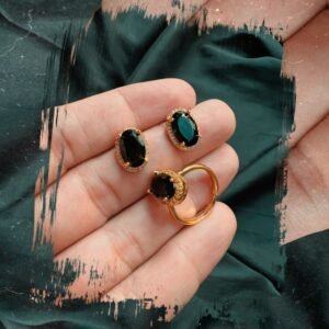Oval Shaped Fine Cut Stone Earing & Ring in Black