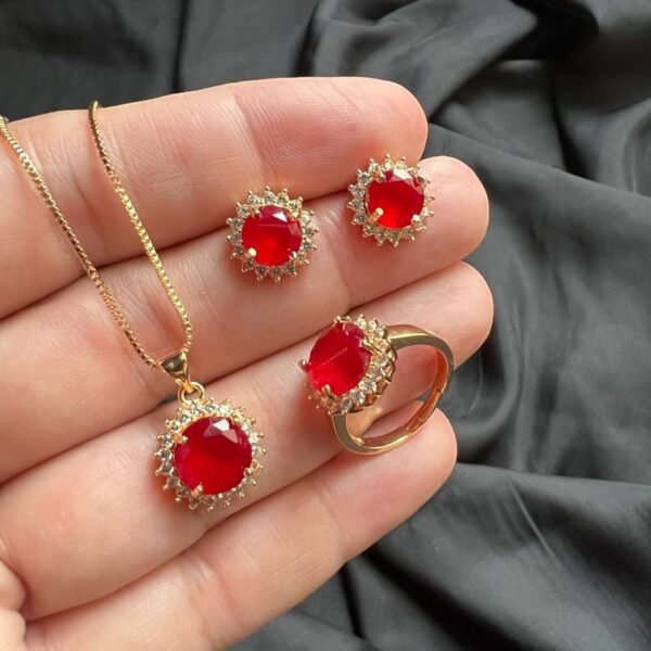 Gold Look Set Black & Red With Ring - Image 2