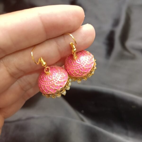 Pink Jhomki With Golden Base Medium Size - Image 3