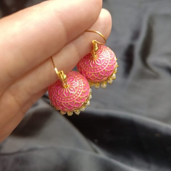 Pink Jhomki With Golden Base Medium Size - Image 2