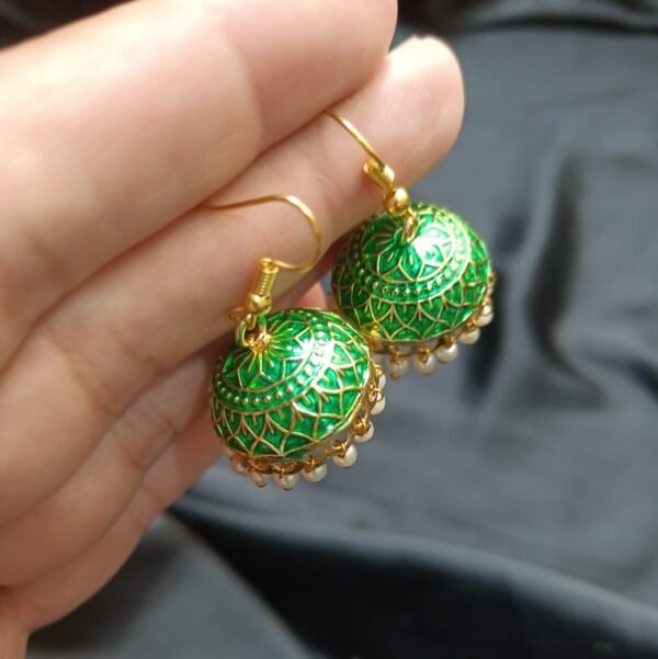 Green Jhomki With Golden Base Medium Size - Image 4