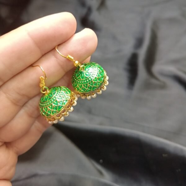 Green Jhomki With Golden Base Medium Size - Image 2