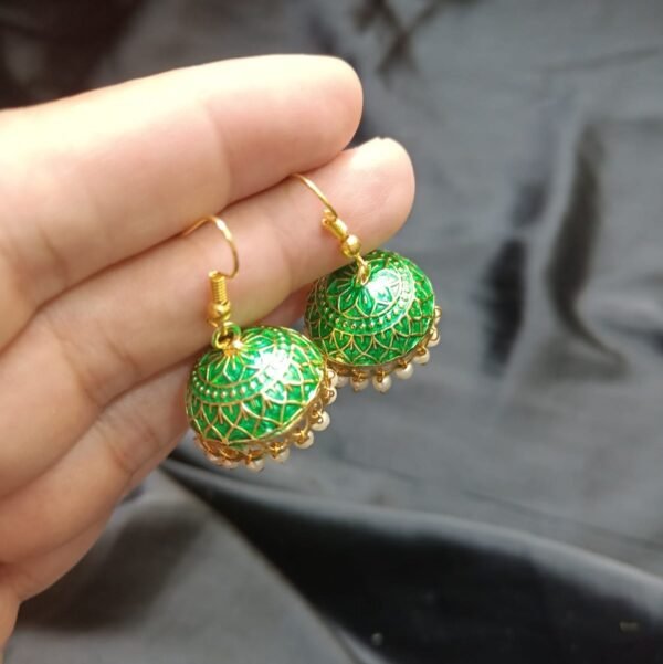 Green Jhomki With Golden Base Medium Size - Image 3