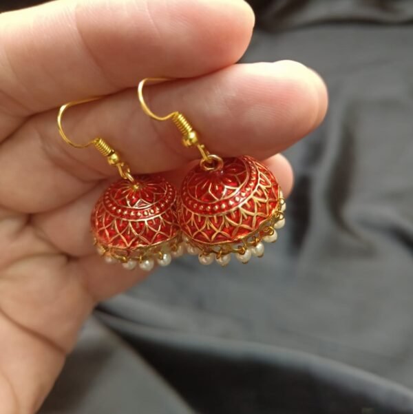 Red Jhomki With Golden Base Medium Size - Image 3