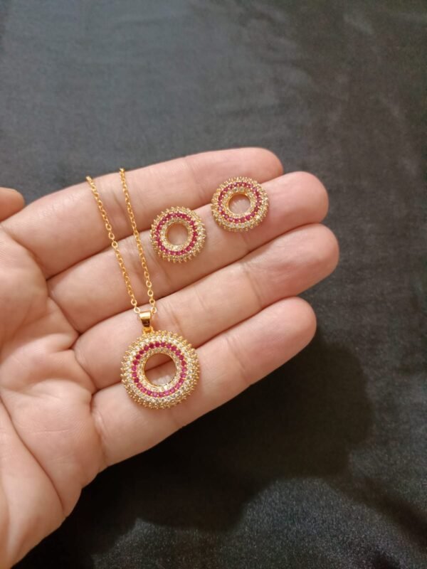Circle Pendent & Studs Zircon Set With Beautiful Ruby Stone - Image 4