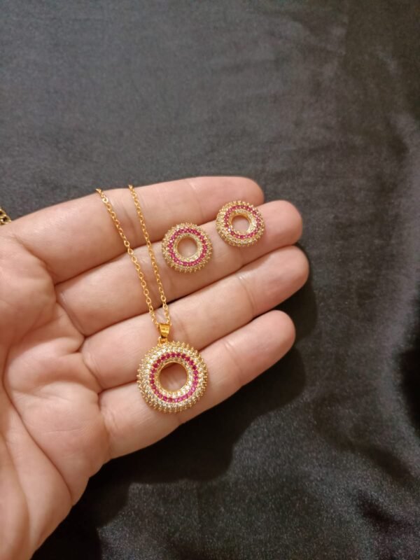 Circle Pendent & Studs Zircon Set With Beautiful Ruby Stone - Image 5