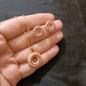 Circle Pendent & Studs Zircon Set With Beautiful Ruby Stone