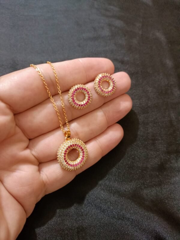 Circle Pendent & Studs Zircon Set With Beautiful Ruby Stone