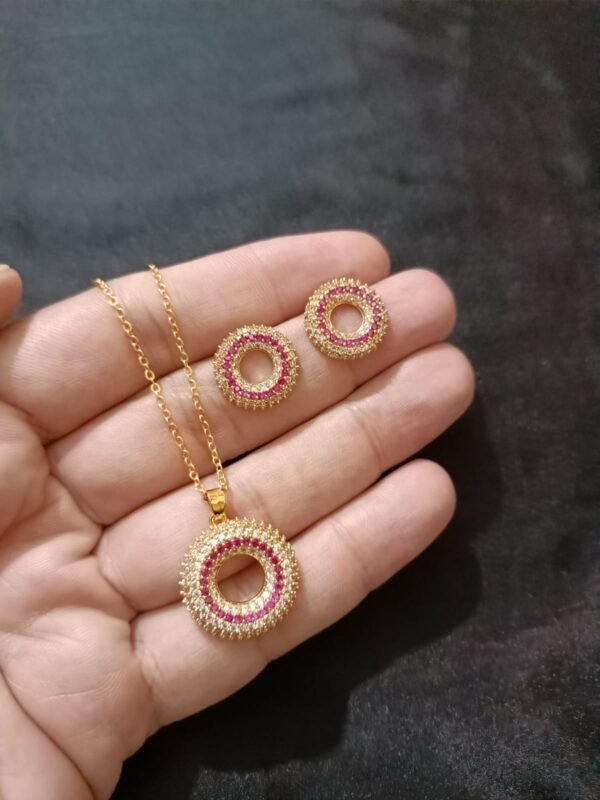 Circle Pendent & Studs Zircon Set With Beautiful Ruby Stone - Image 2