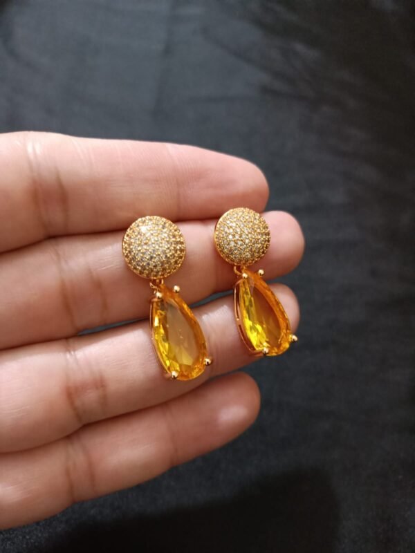 Drop Shape Big Yellow Stone Stud With Gold Base - Image 5