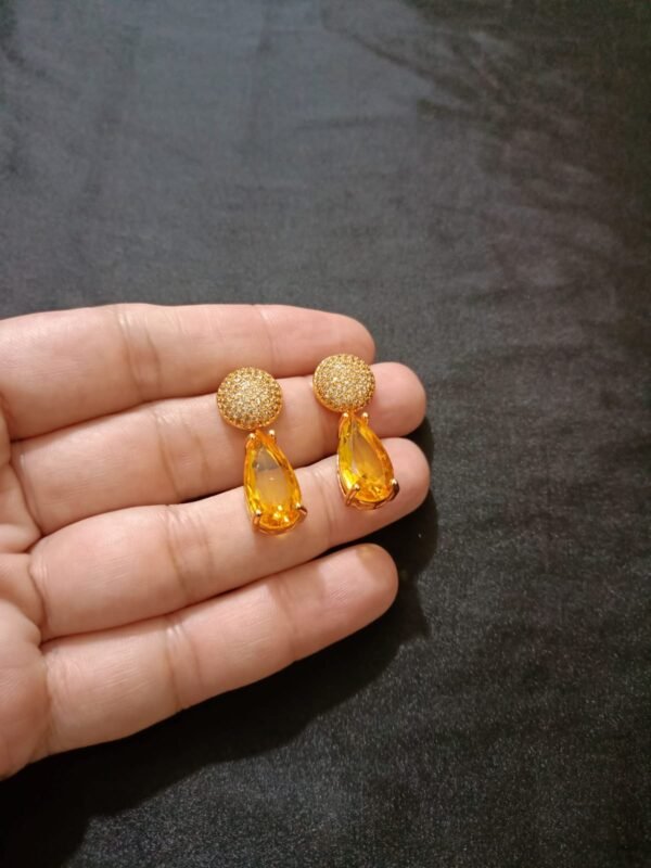 Drop Shape Big Yellow Stone Stud With Gold Base - Image 2