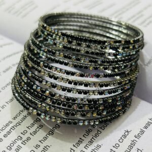 Pair Of German Silver Black & Swarovski Bangles Size 2.6